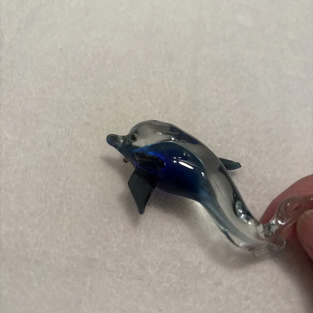 Hand Blown Glass Dolphin Figurine Blue & Clear Art Glass Coastal Decor 3 Inch